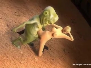 Horny blonde fucked by green alien hard on desirt